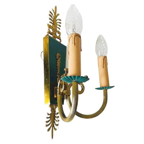 Image 1 of Lampada da parete vintage in stile impero di metà secolo Lucien Gau, in ottone barocco verde, anni '60