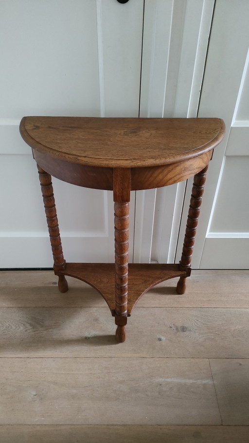 Table d'appoint ancienne, petite table, table d'entrée semi-ronde en chêne