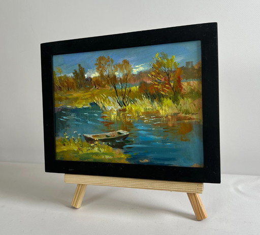 Original Oil Painting Autumn River Landscape River in golden foliage