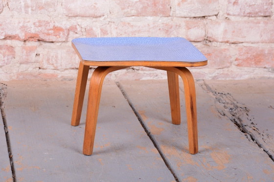 Restored Mid-Century Side Table, Beech, Plywood, Formica, Czech, 1950s, Blue (photo 2 of 11)