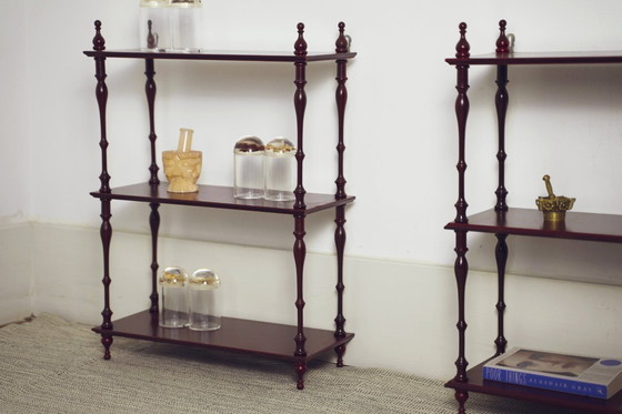 Image 1 of Mahogany-Finish Hanging Wall Shelf Set of 2 Pair, Traditional Spindle Display Shelves, Vintage Colonial Style Decorative Modula