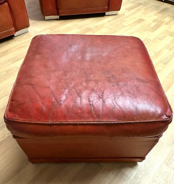 Image 1 of Brocantique Jacques Adnet Art Deco Set: Leren bank, fauteuil en poef