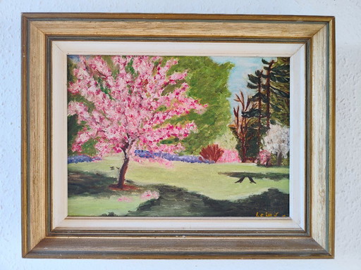Vintage Signed Oil Painting | Floral Spring Landscape | R. Leibé, Mid-20th Century