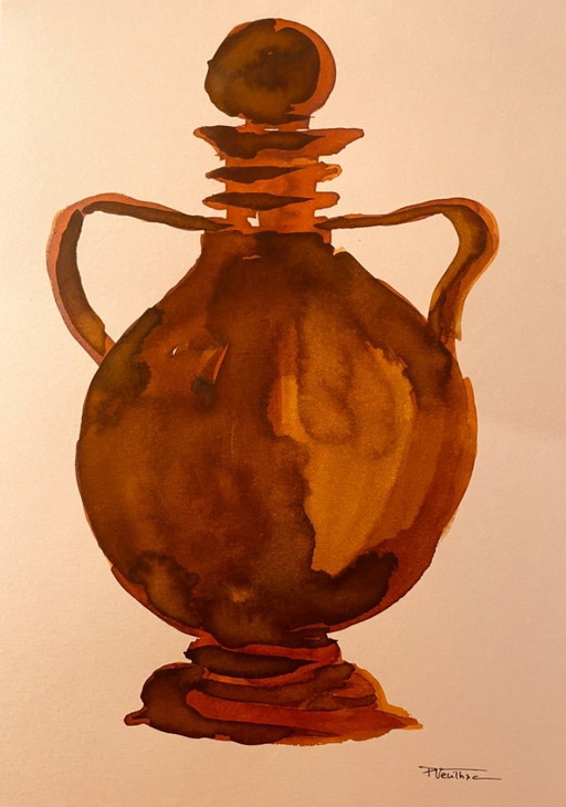 Tableau signé aquarelle et encre Vase Wabi Sabi Fès