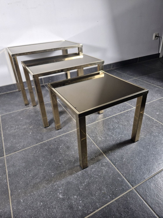 Set van 3 vintage nesttafels, Hollywood Regency-stijl, Belgochrom, Bijzettafels, Chroom, Gold (foto 11 van 12)