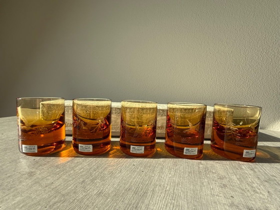 Moser Tsjechoslowakije Amber Kristallen Whiskyglazen Jachtvogels Doos, Gesigneerd – Glazen & Karaffen (photo 10 of 12)