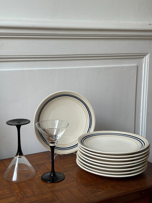 Juego de 9 platos a rayas azules y beige