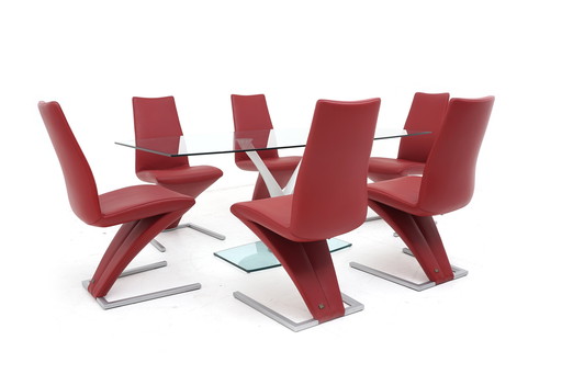 Rolf Benz 7800 stoelen 1210 eettafel 6 st. Leer Glazen Rode Stoel Sledemodel