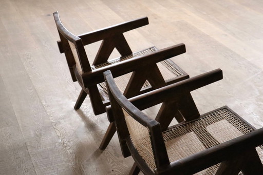 Chaises longues Pierre Jeanneret PJ-SI-29-A en teck et rotin, années 1950