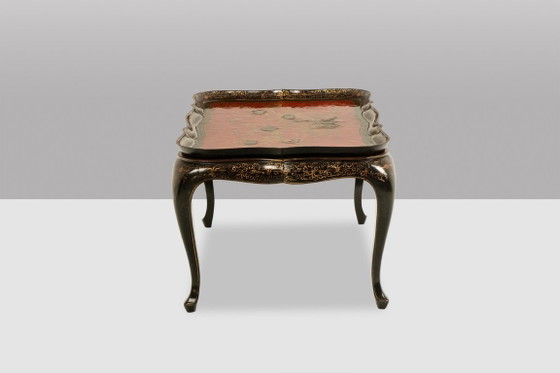 Image 1 of Coffee table with removable top in red and black lacquered wood. 1950s.
