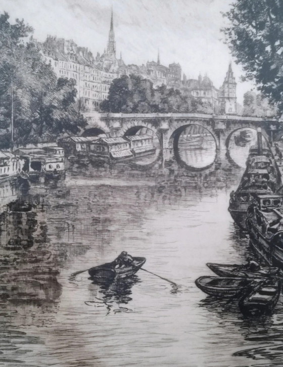 Originele ets van Aimé Edmond Dallemagne, getiteld Gezicht op de Seine – Litho's & Zeefdrukken, Paper (photo 3 of 10)