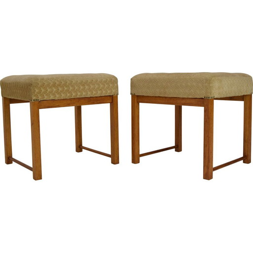 Paire de poufs vintage en tissu et bois, Tchécoslovaquie 1960