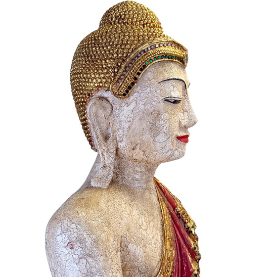 Grote Birmaanse Mandalay Boeddha met Gouden Decoratie – circa 1970 – 87 cm – Beeldhouwkunst, Glass (photo 6 of 11)