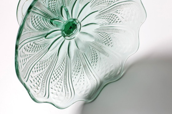 Image 1 of Mid-Century Pressed Glass Pedestal Bowl / Vintage Georgia Green Fruit Bowl / Ukraine / 1950s