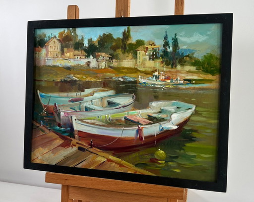 Original Oil Painting Summer Coastal Landscape City boat ferry