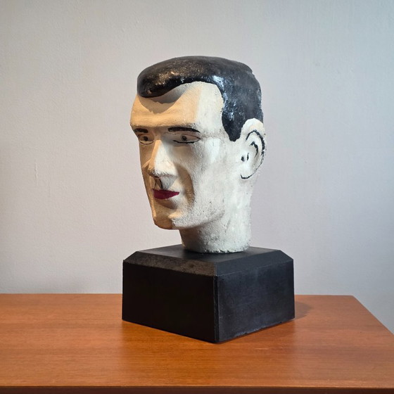 Image 1 of Testa in gesso vintage su base di cemento – oggetto scultoreo – circa 39 cm di altezza - busto vintage