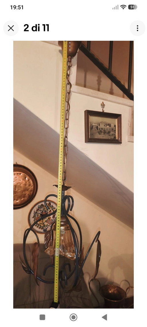 Vintage Wrought Iron Chandelier with Metal and Glass Leaves, Rustic Suspension – hanglampen (photo 2 of 11)
