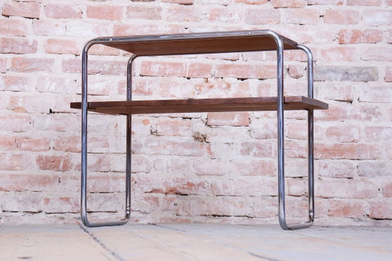 Table d'appoint Bauhaus restaurée, noyer, acier chromé, polonaise, tchèque, années 1930 – Tables d'appoint (photo 8 of 8)