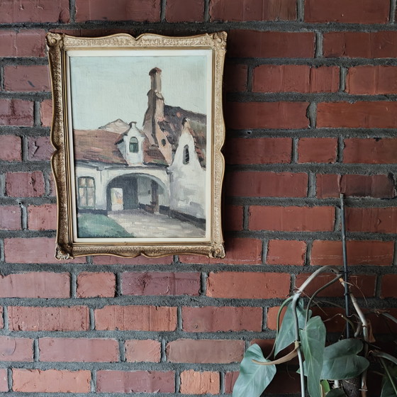 Image 1 of Joseph Van Hoyvelt – Vintage Belgian Oil Painting of Flemish Courtyard – Framed Mid Century Artwork