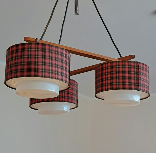 Vintage 1970s Ceiling Lamp | Scandinavian Retro Pendant Light with Teak & Checkered Shades