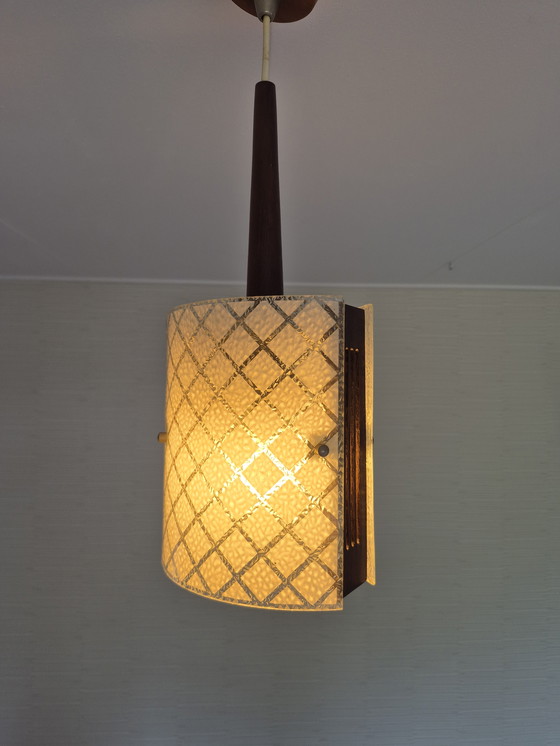 Image 1 of Mid-century pendant lamp in teak and embossed glass. Vintage lamp.