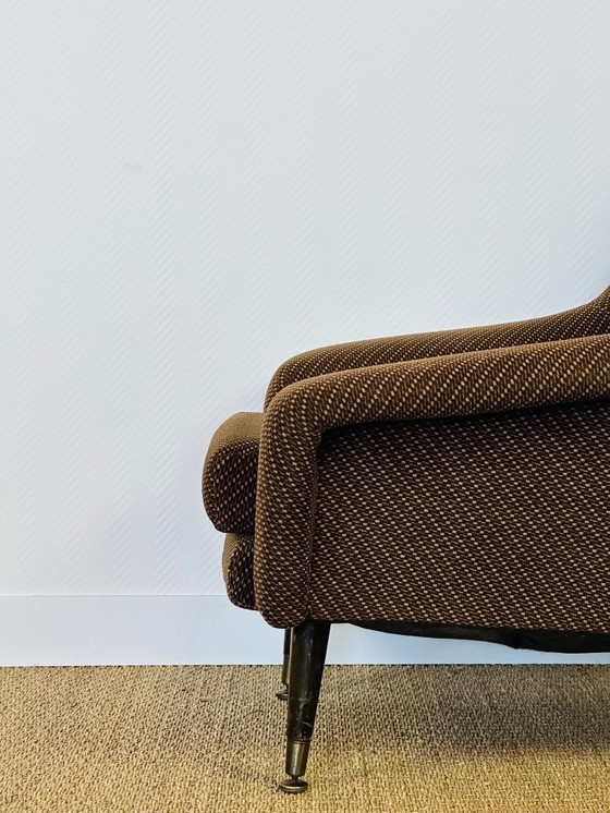 Image 1 of Vintage fauteuil in bruine tweedstof met uitlopende poten, 1960