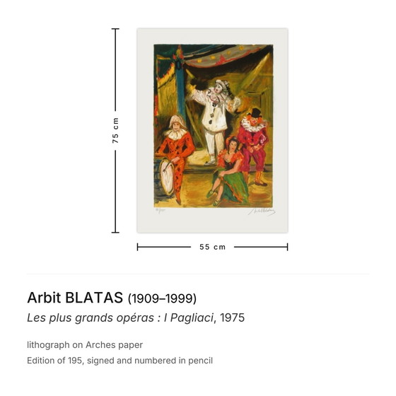 Arbit BLATAS signierte Lithographie Les Plus Grands Opéras: I Pagliaci 1975 – Lithographien & Drucke, Paper (photo 3 of 5)