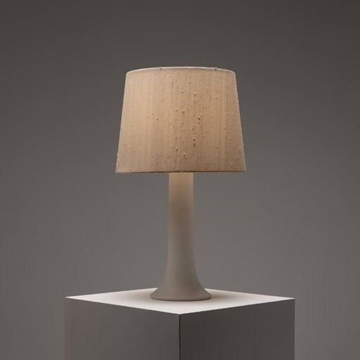 Glass table lamp with raw silk shade