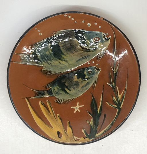 Plat Artisanal Diaz Costa Pour Puigdemont En Céramique Émaillée Décor Poissons