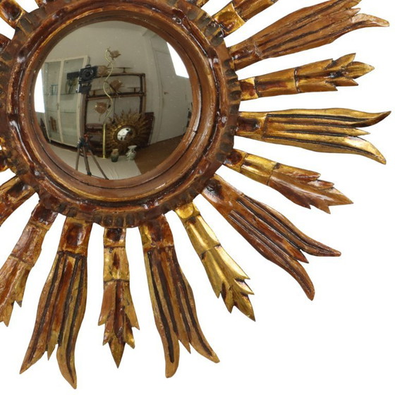 Image 1 of Vintage Wooden Sun Mirror Sunburst Gold Fifties 52cm