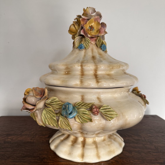 Image 1 of Vintage Baroque-Style Ceramic Lidded Bowl with Hand-Applied Flowers