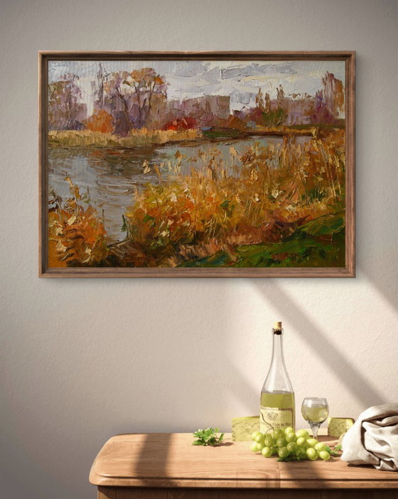 Origineel Olieverfschilderij Natuurlandschap Stadsrand Herfstrivier – Schilderijen & Tekeningen, Canvas (photo 2 of 7)