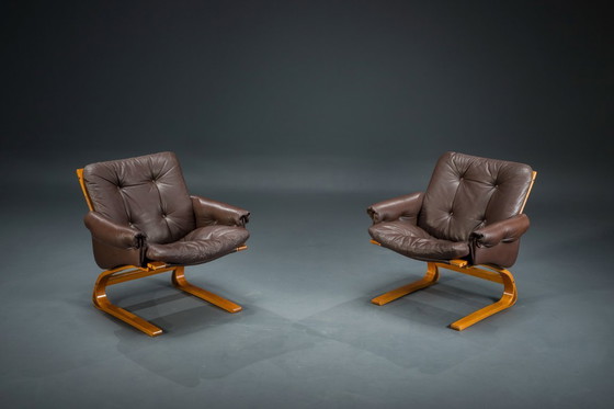 Image 1 of Set 2 bruin leren fauteuils van Elsa & Nordahl Solheim voor Rybo Rykken & Co, 1970