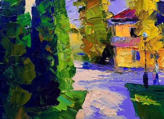 Image 1 of Dipinto ad olio originale, paesaggio urbano, motivo urbano mattutino