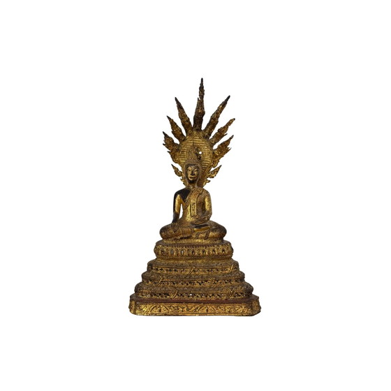 Thai Bronze Naga Buddha – Gilded – Rattanakosin Style Temple Statue – Sculpture (photo 2 of 10)