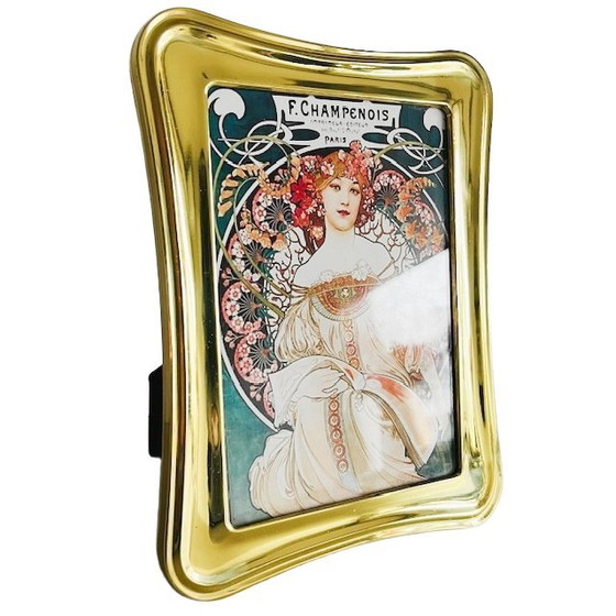 Image 1 of Dipinto vintage Art Nouveau di Alphonse Mucha Cornice in ottone Champenois degli anni '60