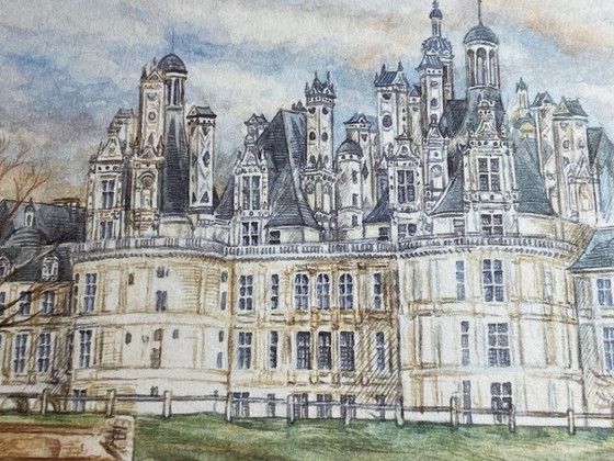 Image 1 of Mixed media, pencil, watercolor, Chambord Castle, art, France, painting, framed
