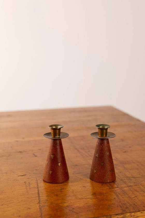Image 1 of 2x Vintage Small teak and brass triangle inlay candle sticks