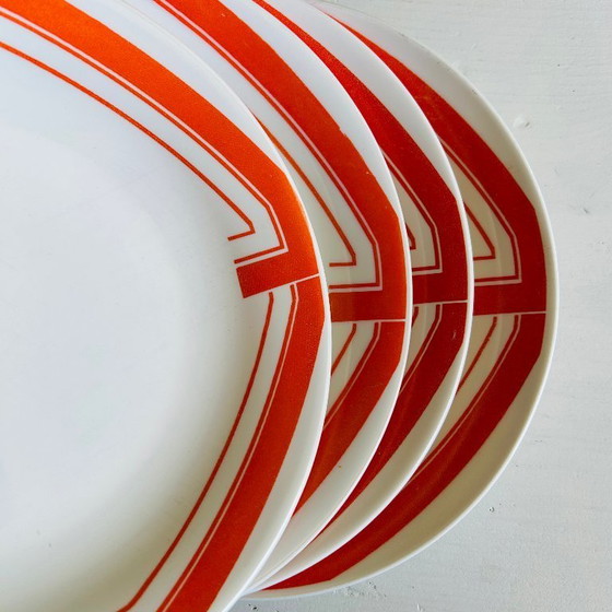Image 1 of Set di 4 piatti fondi vintage, Rivanel Francia, decoro arancione, anni '70 