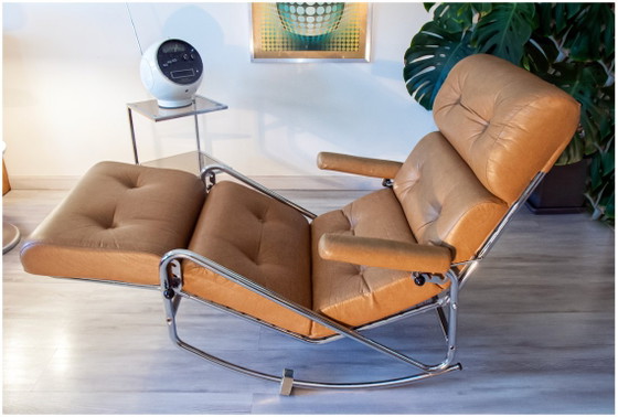 Image 1 of Fauteuil relax Lama 70's, chrome et simili cuir, repose pied repliable