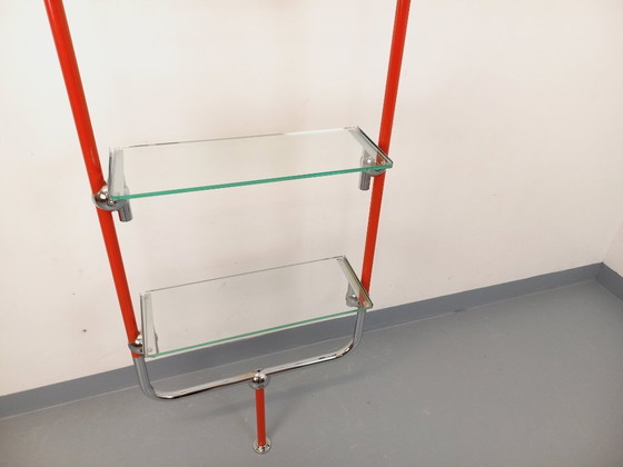 Image 1 of Modular Bauhaus-style vintage bookcase in red metal, chrome and glass from the 1970s