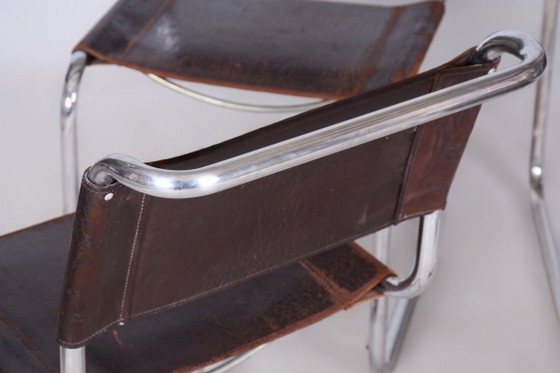 Set van vier originele Bauhaus-stoelen, echt leer, chroom, Duitsland, jaren 1930 – Eetkamerstoelen, Leather (photo 10 of 11)