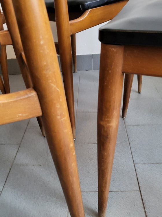 Image 1 of SET VAN 4 VINTAGE SCANDINAVISCHE STOELEN JAREN 60 BEUKEN ZWART SKAI 60S 1960S 60s