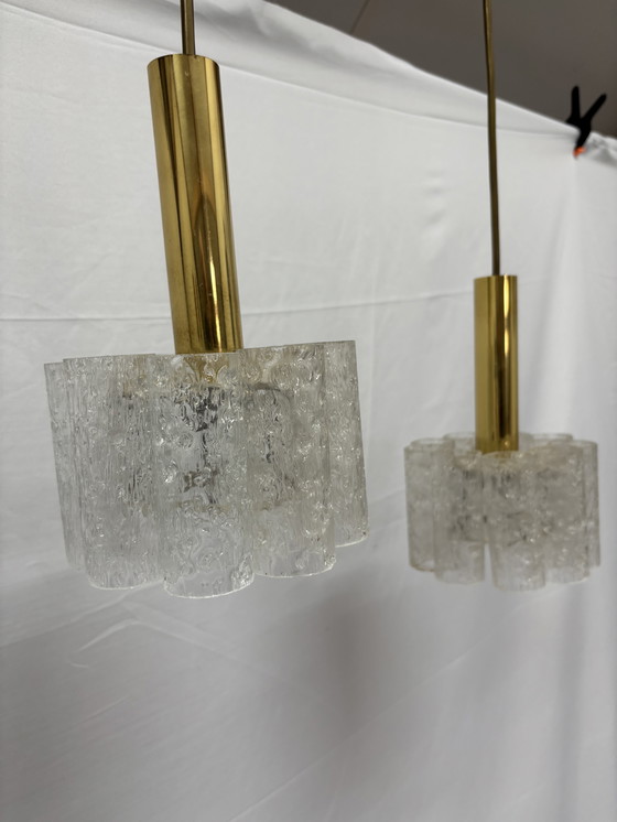 Image 1 of 2 suspensions vintage Doria Leuchten, tubes en verre glacé '60/'70