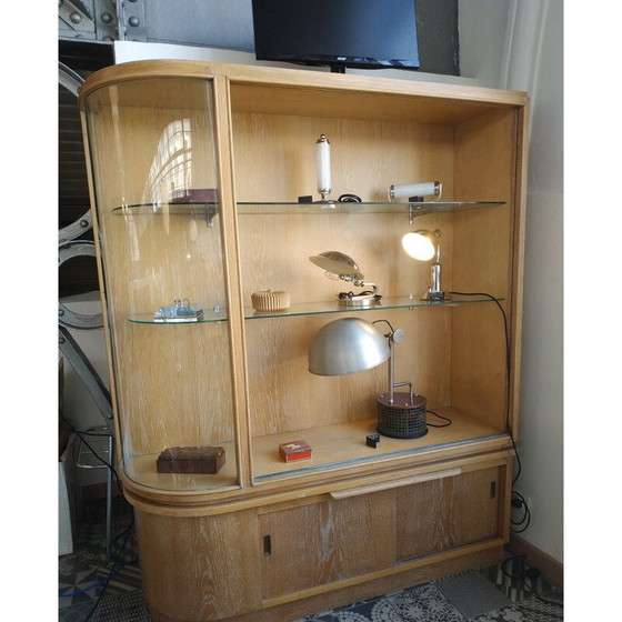 Image 1 of Pair of vintage oak display cabinets with rounded glasses, Czechoslovakia