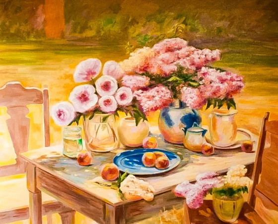 Image 1 of Oil painting of a garden with a table and flowers. Oil painting of a garden with flowers and fruit. New.