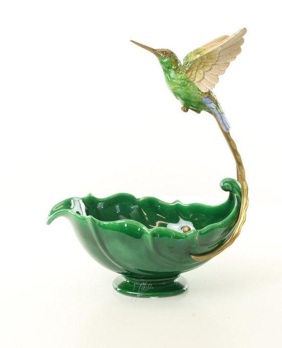 Image 1 of HUMMINGBIRD PLANTER JASMINE PORCELAIN + BRONZE ORMOLU BIRD BOWL SCULPTURE