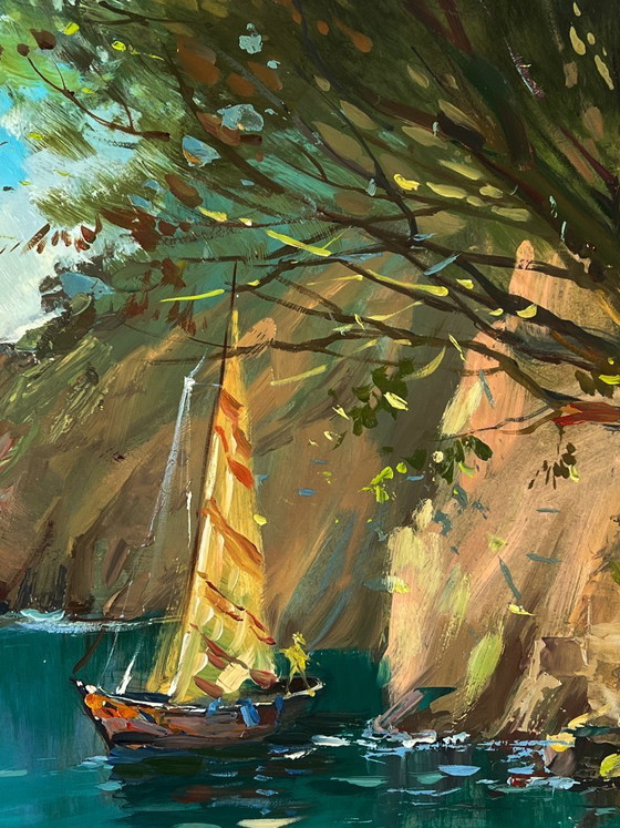 Image 1 of Dipinto ad olio originale: Paesaggio marino con barca a vela, scogli e barche sulla riva.