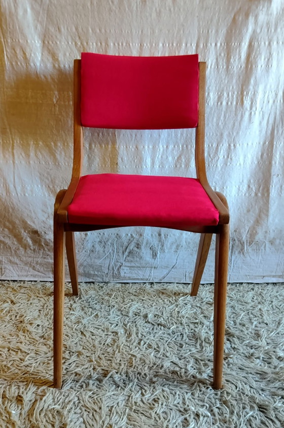 Sedia in legno massello e tessuto rosso - design anni '50 – Sedie da pranzo (photo 3 of 10)