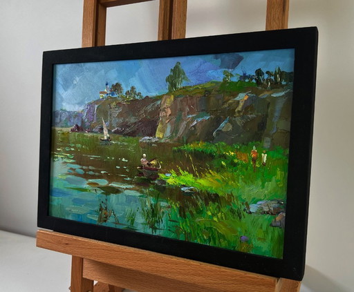 Original Oil Painting Summer River Landscape River flows through rocky cliffs